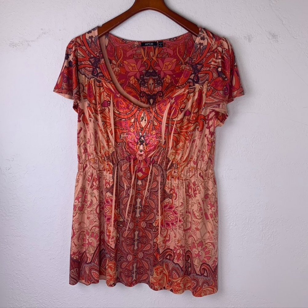 APT 9 Swoop Neck Orange/Red Pattern Boho Shirt, 1X, Dye sublimation, loose, flow - Picture 2 of 13